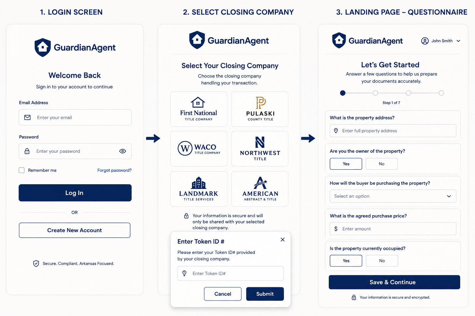 GuardianAgent app flow: sign in, select your closing company, then answer plain-English questions to prepare your Arkansas contract