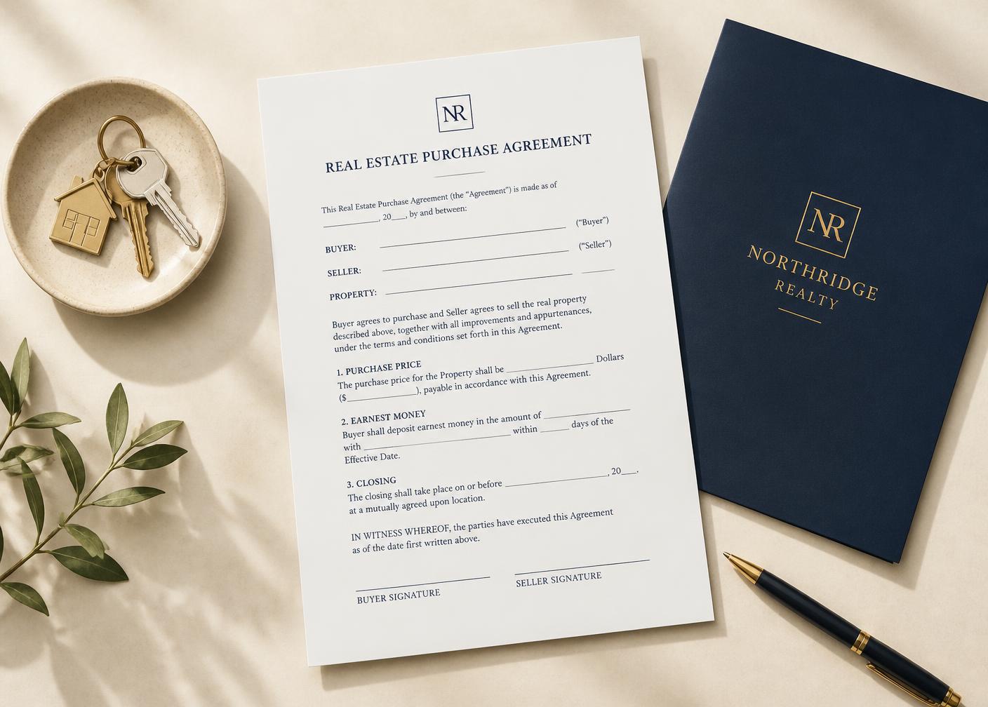 Real estate purchase agreement, house keys and a closing folder on a desk