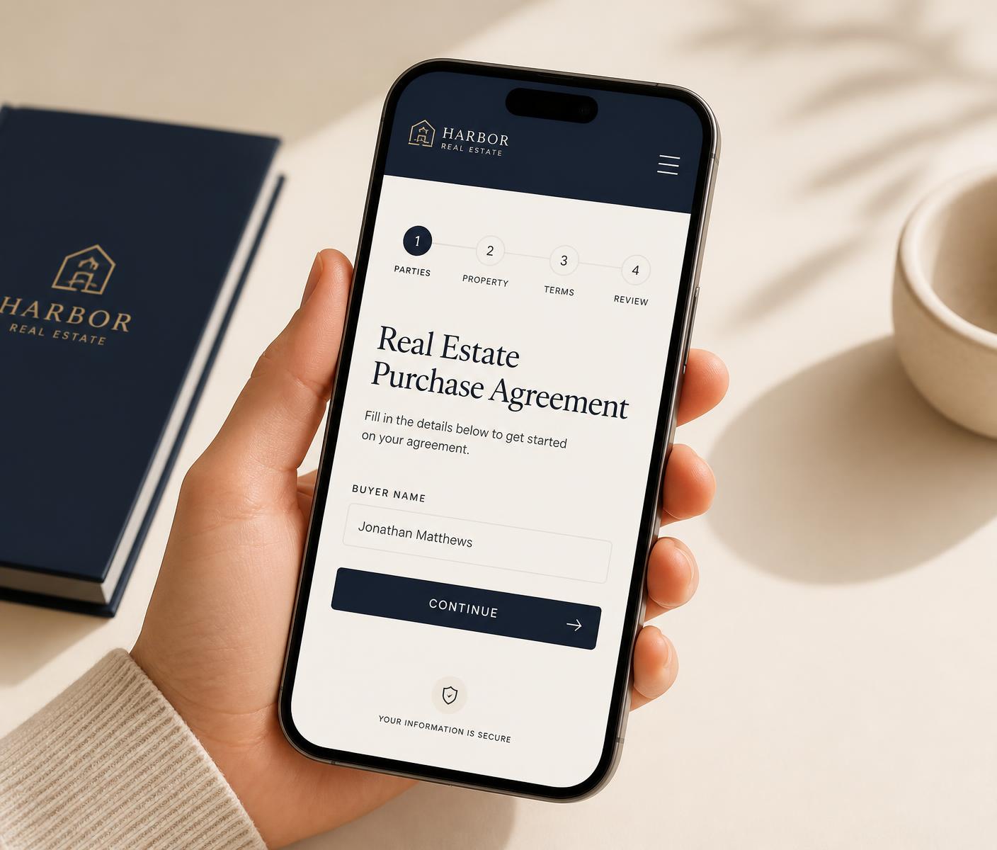 GuardianAgent app showing a guided Arkansas real estate purchase agreement on a phone